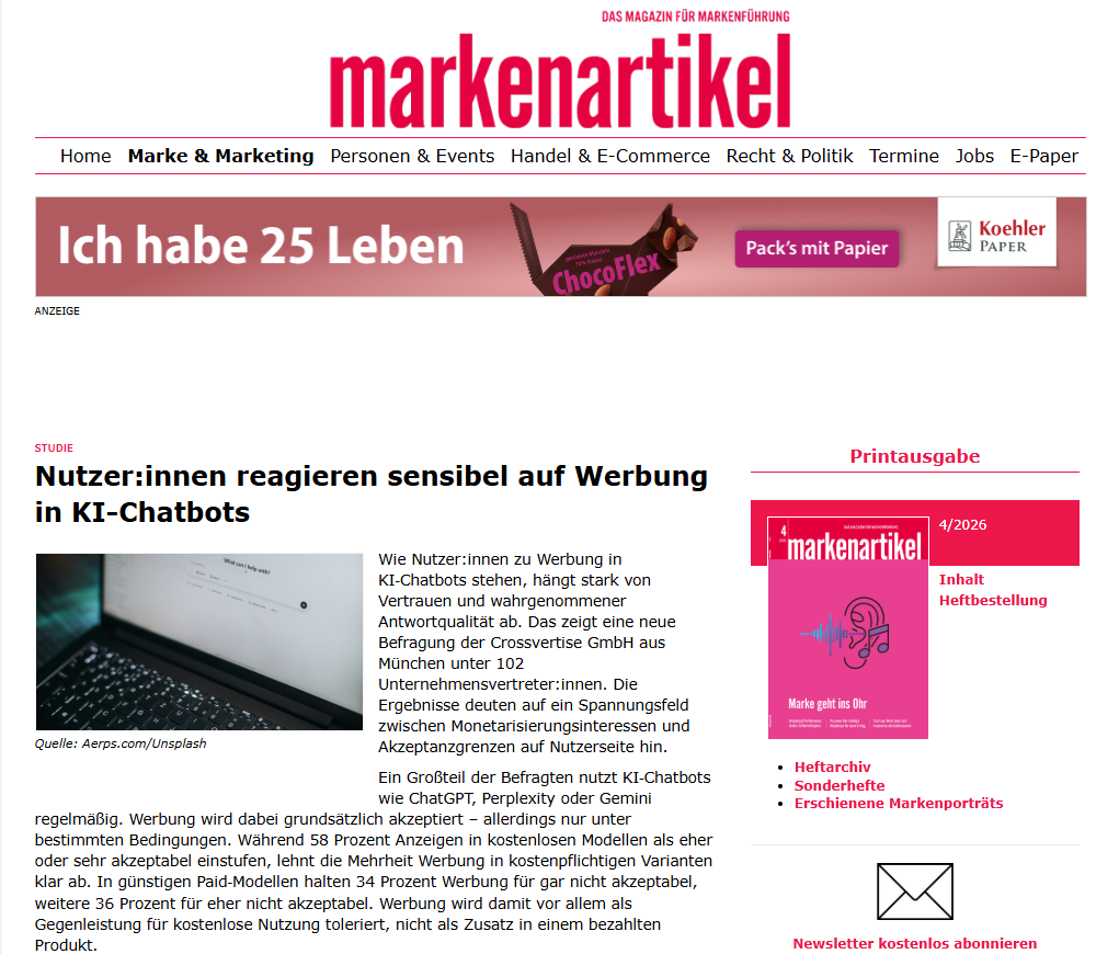 Das Bild für markenartikelmagazin: Nutzer:innen reagieren sensibel auf Werbung in KI-Chatbots
