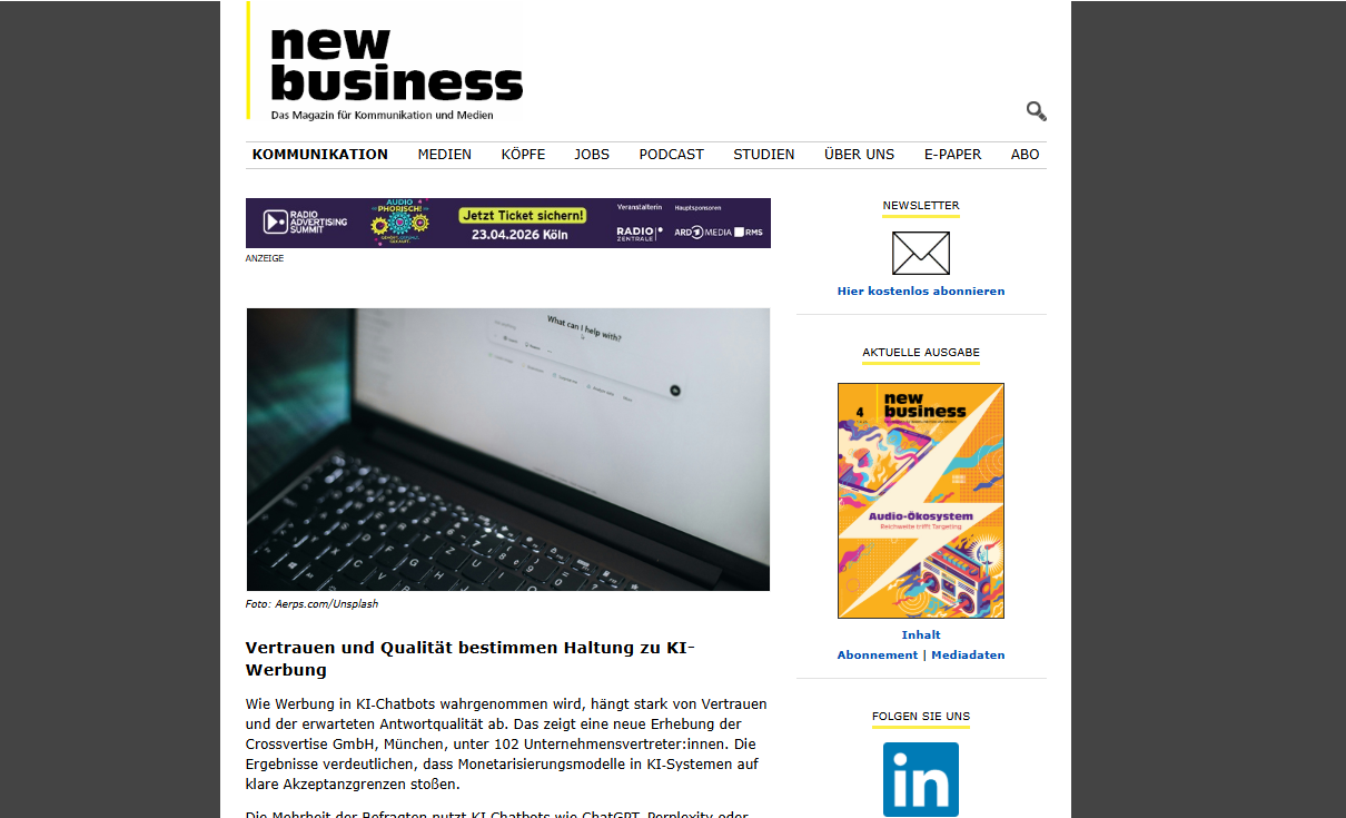 Das Bild für NewBusiness: Vertrauen und Qualität bestimmen Haltung zu KI-Werbung